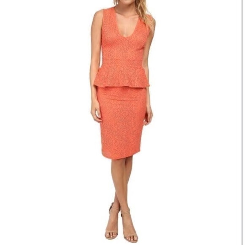 BCBGMaxAzria Juliene Ambrosia Coral Peach Orange Peplum Lace Midi Dress M